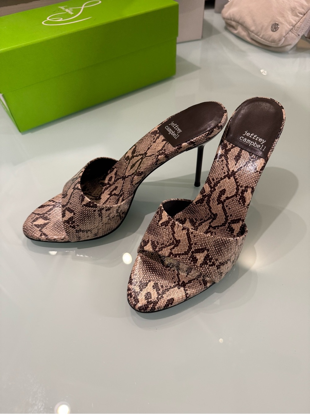 Jeffrey Campbell Snake-Print Stiletto Slide Mules in Beige and Brown